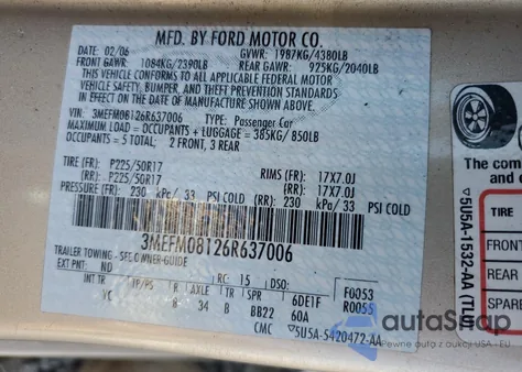 2006 Mercury Milan Premier z USA, uszkodzony, nr VIN 3MEFM08126R637006